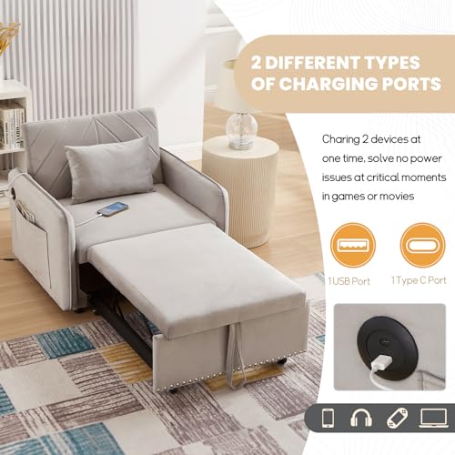 Black Velvet Convertible Sofa Bed Chair with USB Ports S47089