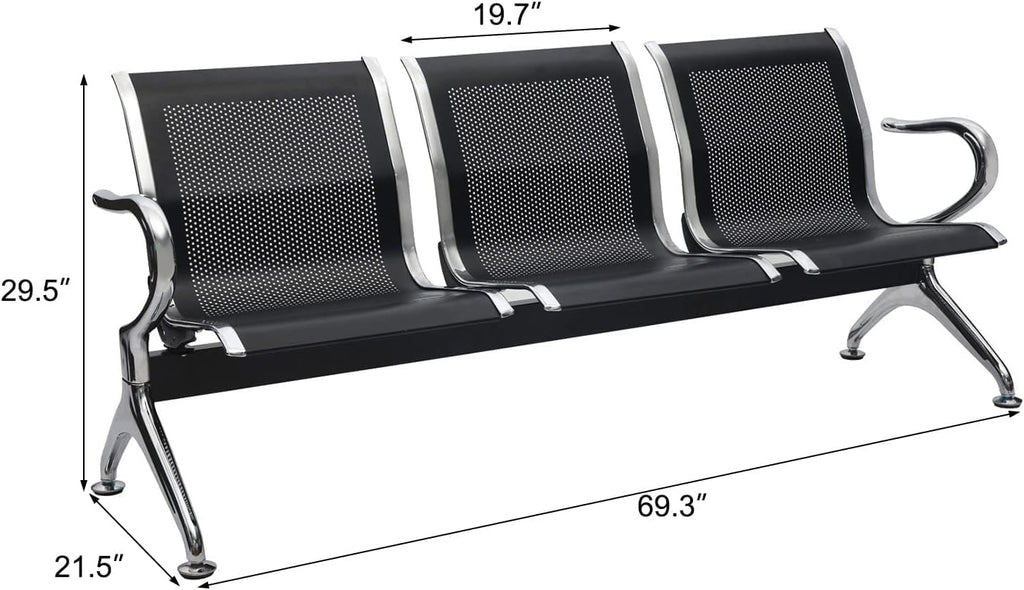 Black 3-Seat Waiting Room Bench with Arms D2718