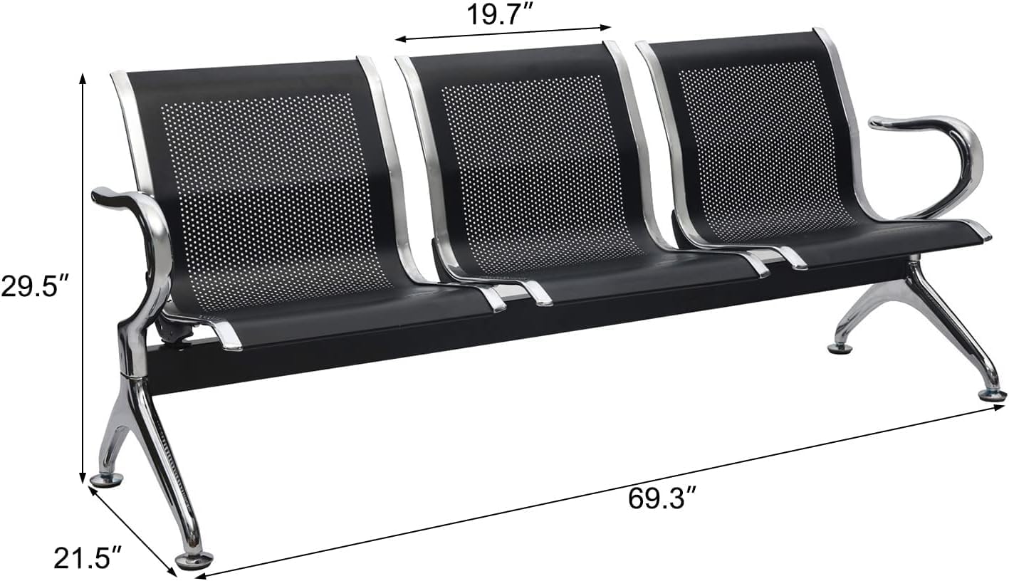 Black 3-Seat Waiting Room Bench with Arms D2718