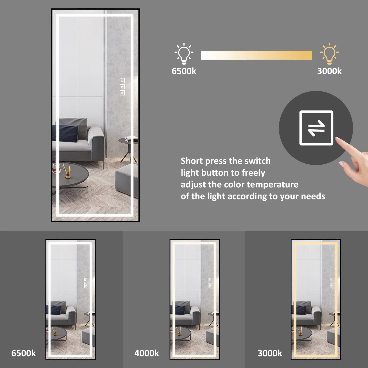 65"X22" Black LED Aluminum Floor Mirror Z300