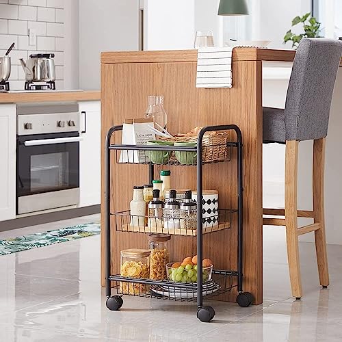 Black 3-Tier Metal Rolling Cart with Baskets and Lockable Handles K867
