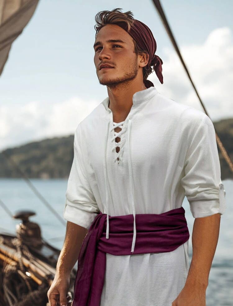 Khaki Large Mens Pirate Costume Outfit With Pants Shirts Sash Accessories O533