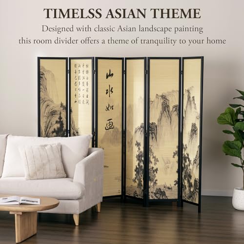 4-Panel Folding Bamboo Room Divider with Beige Wood Frame E974