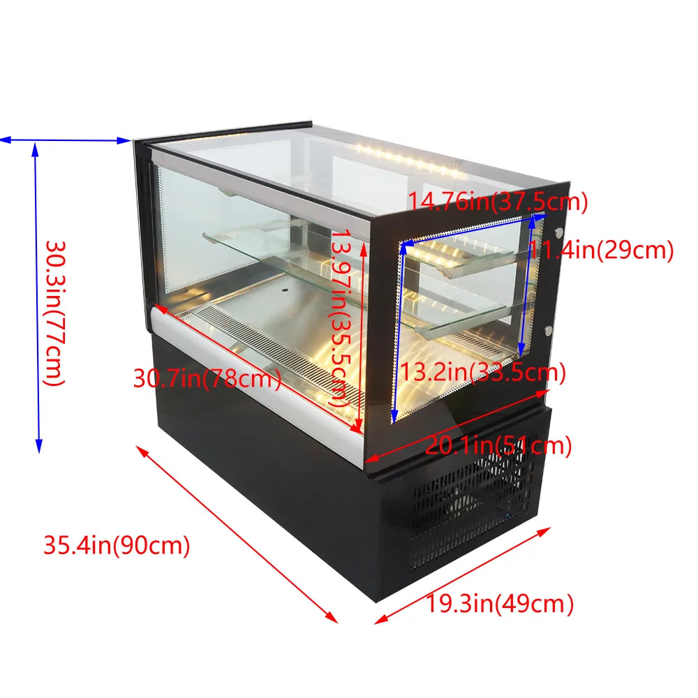 35" Refrigerated Cake Showcase Cooling Display Case Bakery Cabinet Defrost Right Angle 2-layer Back Sliding Door Desktop A5184