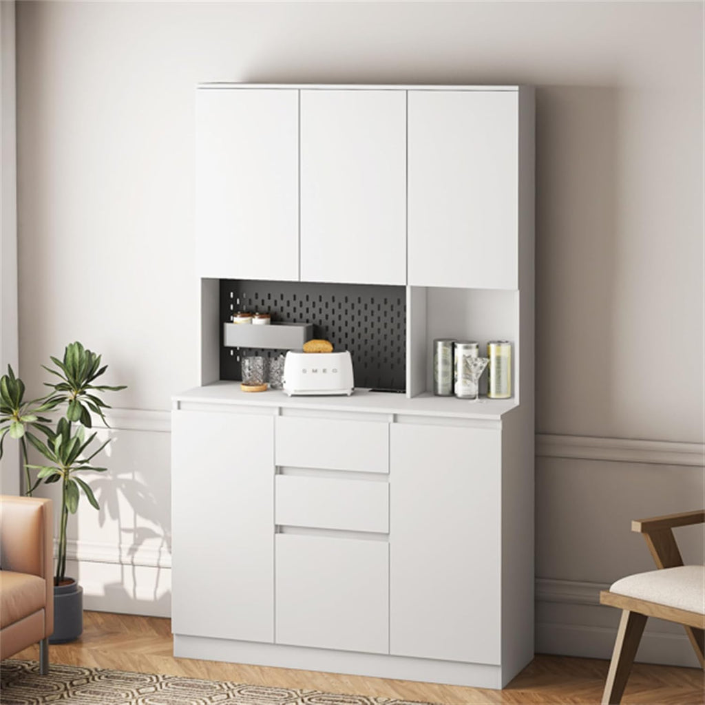 74" Kitchen Pantry Cabinet with Charging Station, Freestanding Buffet Cupboards Sideboard with Drawer, Modern Pantry Cabinet with Microwave Stand Z269431
