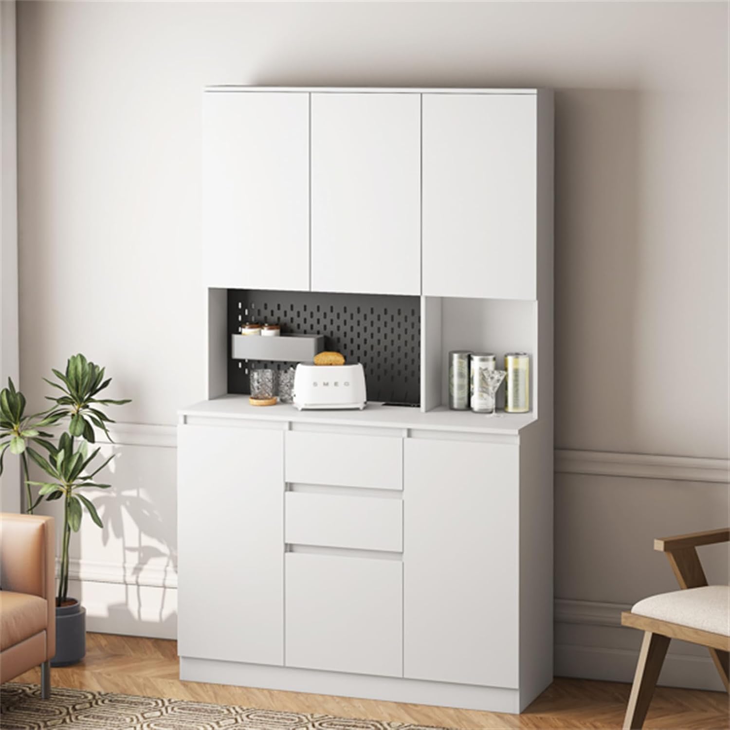 74" Kitchen Pantry Cabinet with Charging Station, Freestanding Buffet Cupboards Sideboard with Drawer, Modern Pantry Cabinet with Microwave Stand Z269431