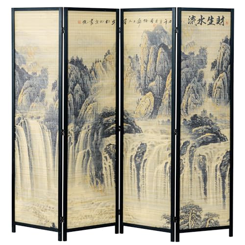 4-Panel Folding Bamboo Room Divider with Beige Wood Frame E974