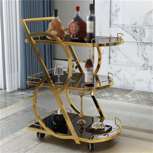 3 Tiers Rolling Bar Cart with Marble Glass and Metal Frame Gold Q4282