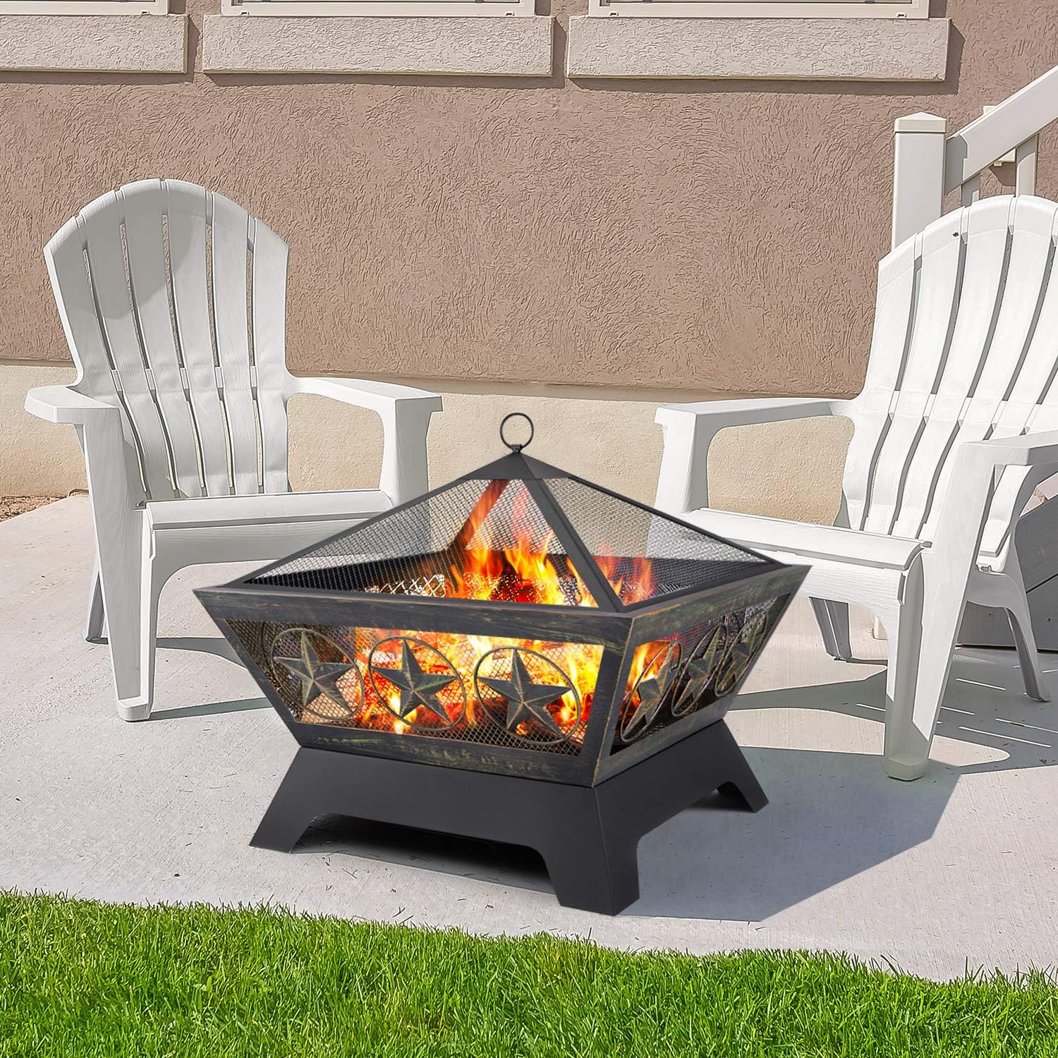 Fire Pit Outdoor Wood Burning 24in with Spark Screen Mesh Lid Bronze C1471