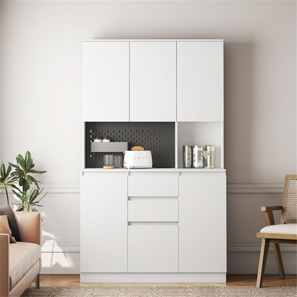 74" Kitchen Pantry Cabinet with Charging Station, Freestanding Buffet Cupboards Sideboard with Drawer, Modern Pantry Cabinet with Microwave Stand Z269431