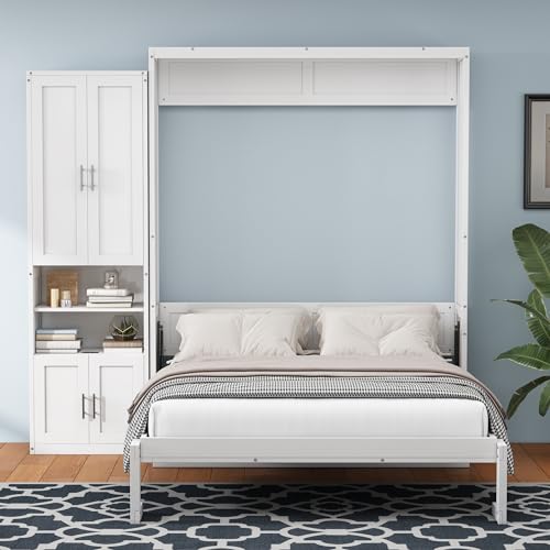 Queen Murphy Bed with 2 Side Cabinet Storage Shelf, Metal Frame, Brown D91055