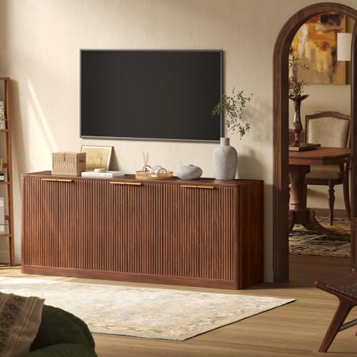67" Fluted Oak Buffet Cabinet Sideboard with Storage, Large Credenza with 6 Doors E41086