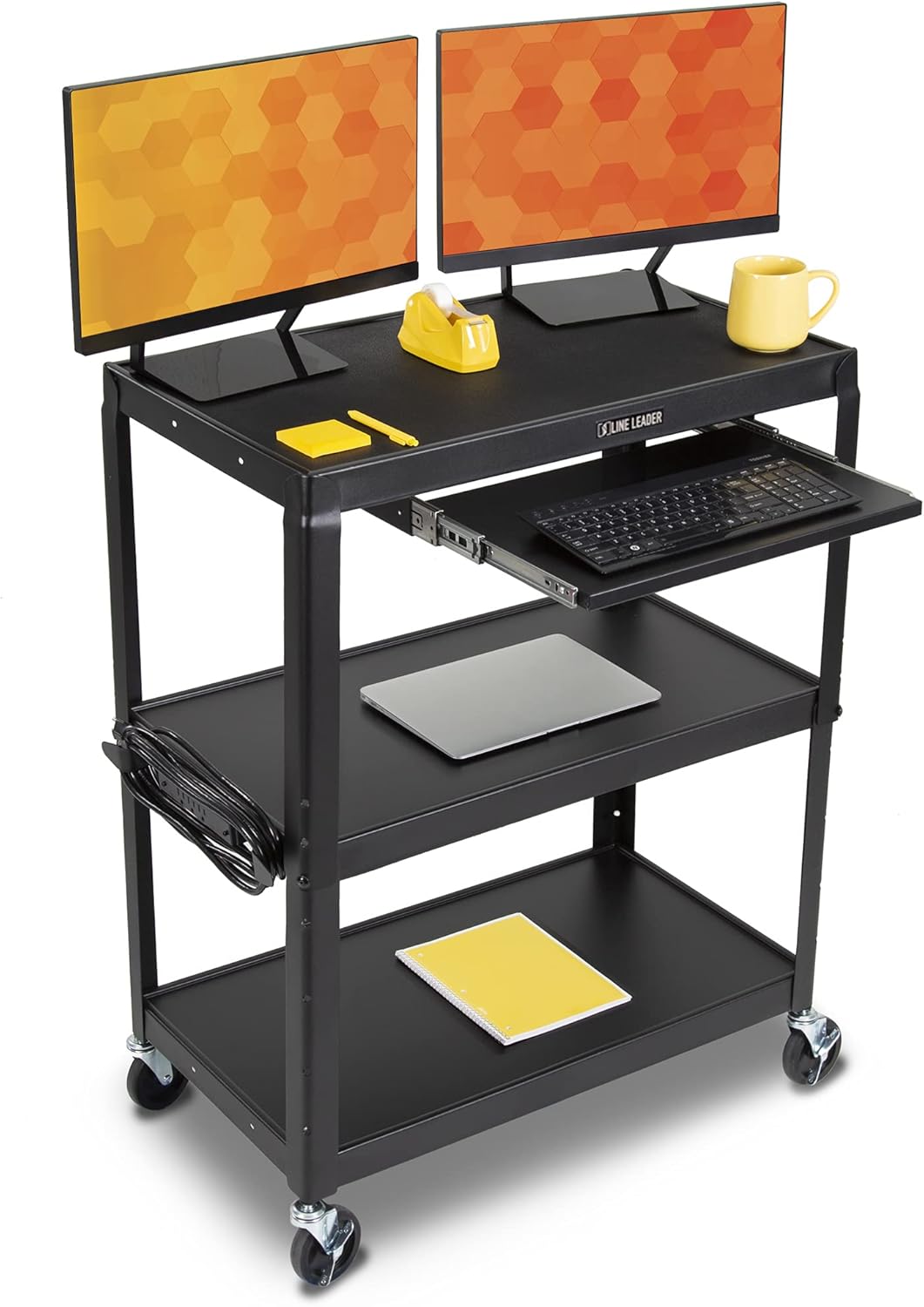 Large AV Cart with Retractable Keyboard Tray Height Adjustable Utility Cart Black 34in x 18in x 42in F128211