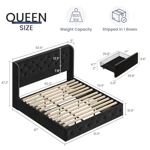 Black Velvet King Size Bed Frame with Storage Drawers and Tufted Headboard W1588
