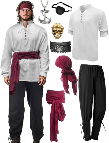 Khaki Large Mens Pirate Costume Outfit With Pants Shirts Sash Accessories O533