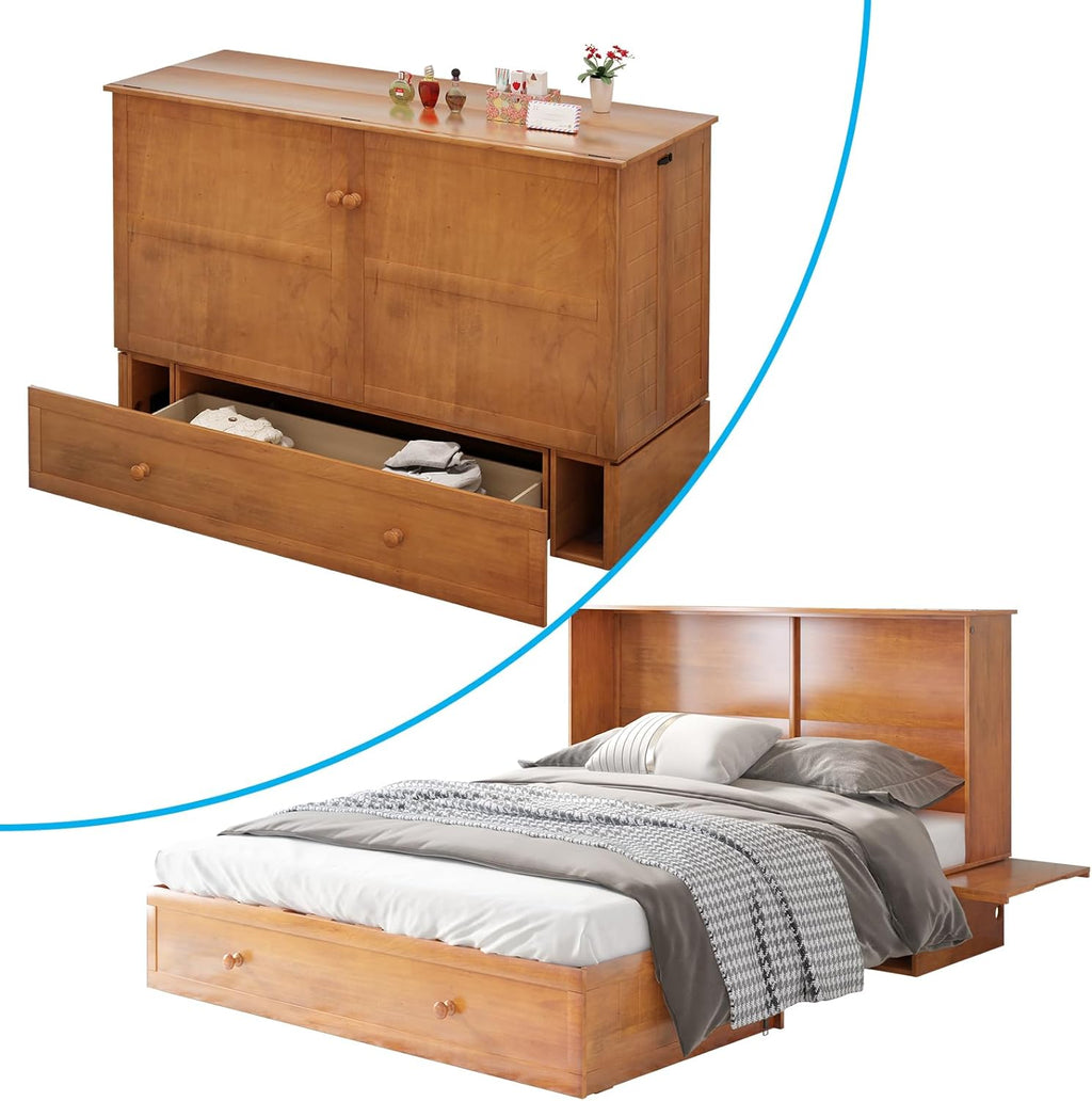 Queen Size Murphy Bed with Foldable Foam Mattress and Storage Drawer (Cherry) S894