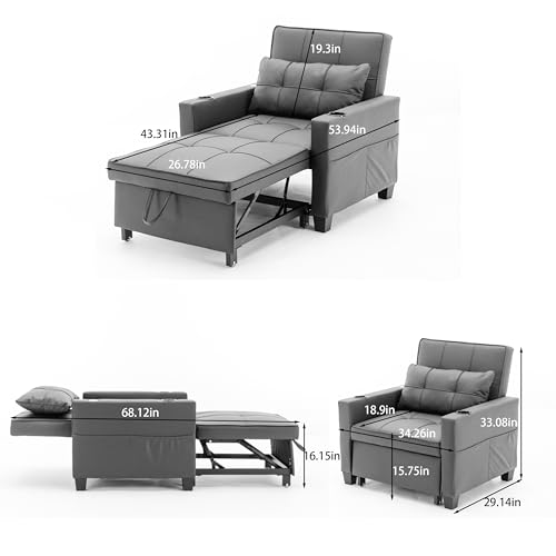 Blue Convertible Sofa Bed Chair with Cup Holder, USB Port, Adjustable Backrest O40050