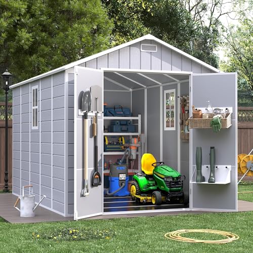Grey White Resin Outdoor Storage Shed with Floor W8697