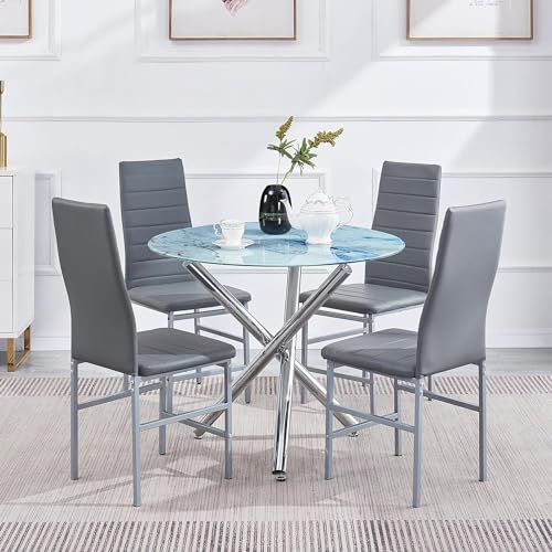 5 Pieces Round Glass Dining Table Set with 4 PU Chairs H47136