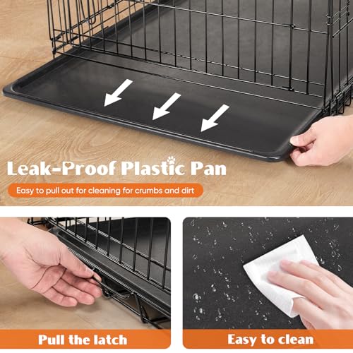 Large 36 Inch Double Door Folding Metal Wire Dog Crate with Divider Panel and Plastic Leak-Proof Pan Tray P323