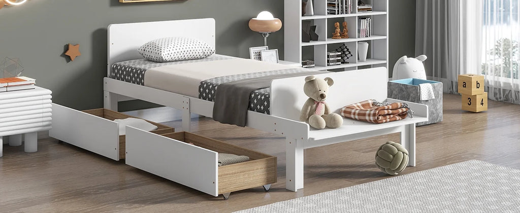 White Twin Size Wood Platform Bed Frame with Headboard and Footboard and 2 Storage Drawers X4446