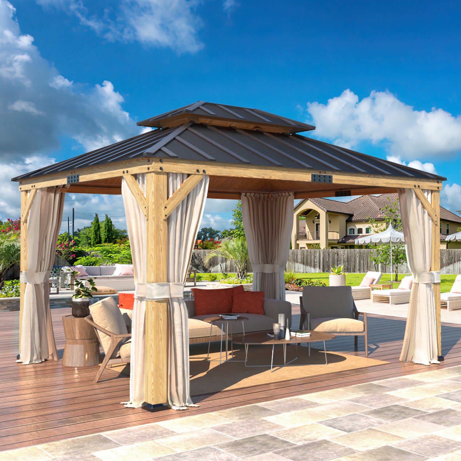 11' x 13' Hardtop Gazebo with Curtains and Meshes A4288