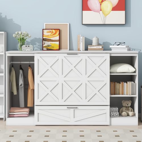 White Twin Size Murphy Bed with Storage Shelves and Wardrobe H51429