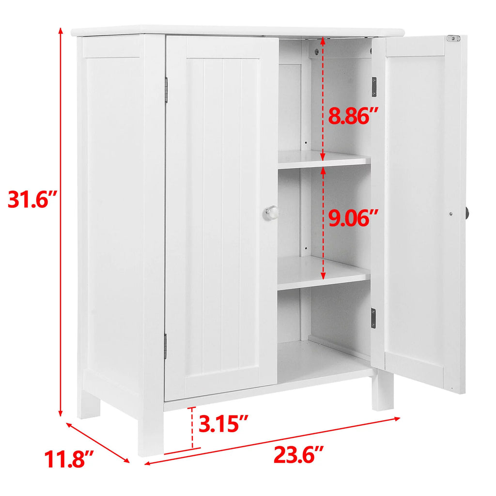 White Double Door Adjustable Shelf Bathroom Floor Storage Cabinet C1067