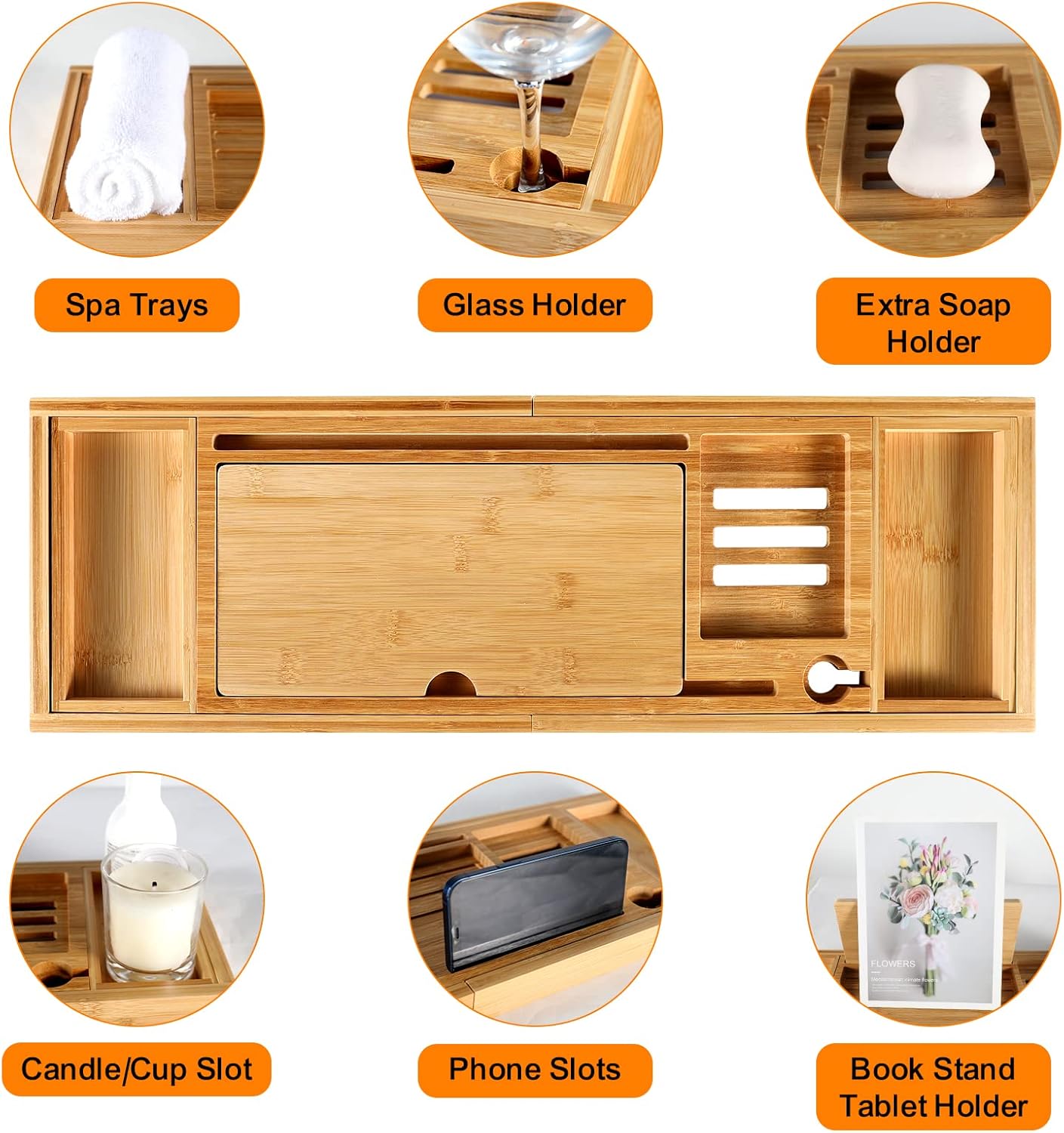 Bamboo Bathtub Caddy Tray with Extending Sides K388679
