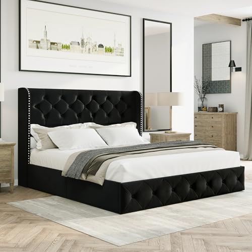Black Velvet King Size Bed Frame with Storage Drawers and Tufted Headboard W1588