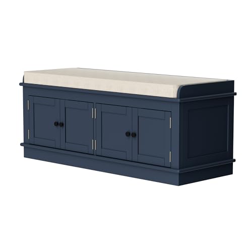 White 43.7" Storage Drawers and 2 Cabinets Shoe Bench with Removable Cushion B9115