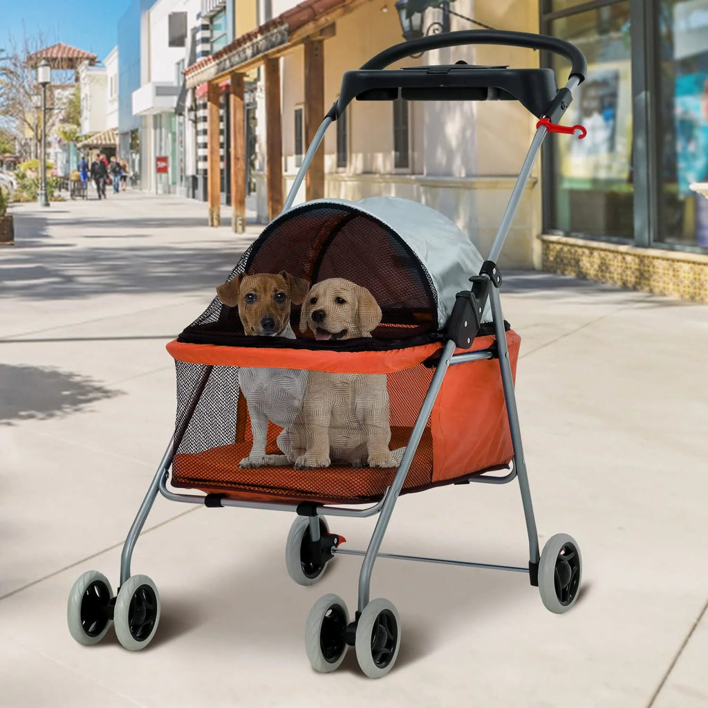 Orange Folding Dog Stroller with 4 Wheels B370