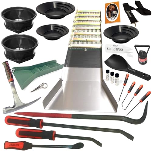 Gold Mining Kit; 50 inch Gold Sluice Box; Gold Prospecting Equipment; Rock Pick Hammer; Gold Classifiers; Pay Dirt Scoop; Crevice Tools Y585774