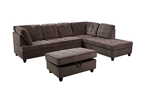 Brown Corduroy L Shaped Sectional Sofa Set with Ottoman M493708