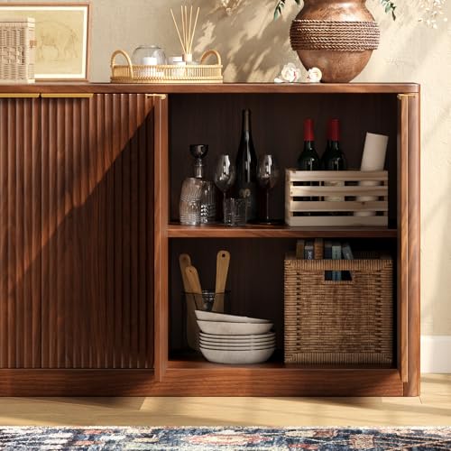 67" Fluted Oak Buffet Cabinet Sideboard with Storage, Large Credenza with 6 Doors E41086