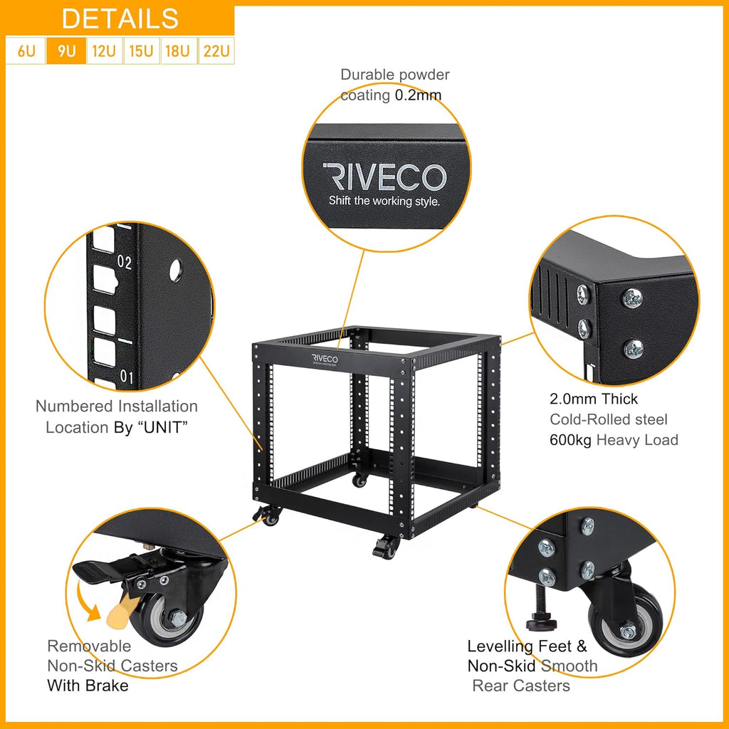 9U Open Frame Server Rack with Casters Black Q82983