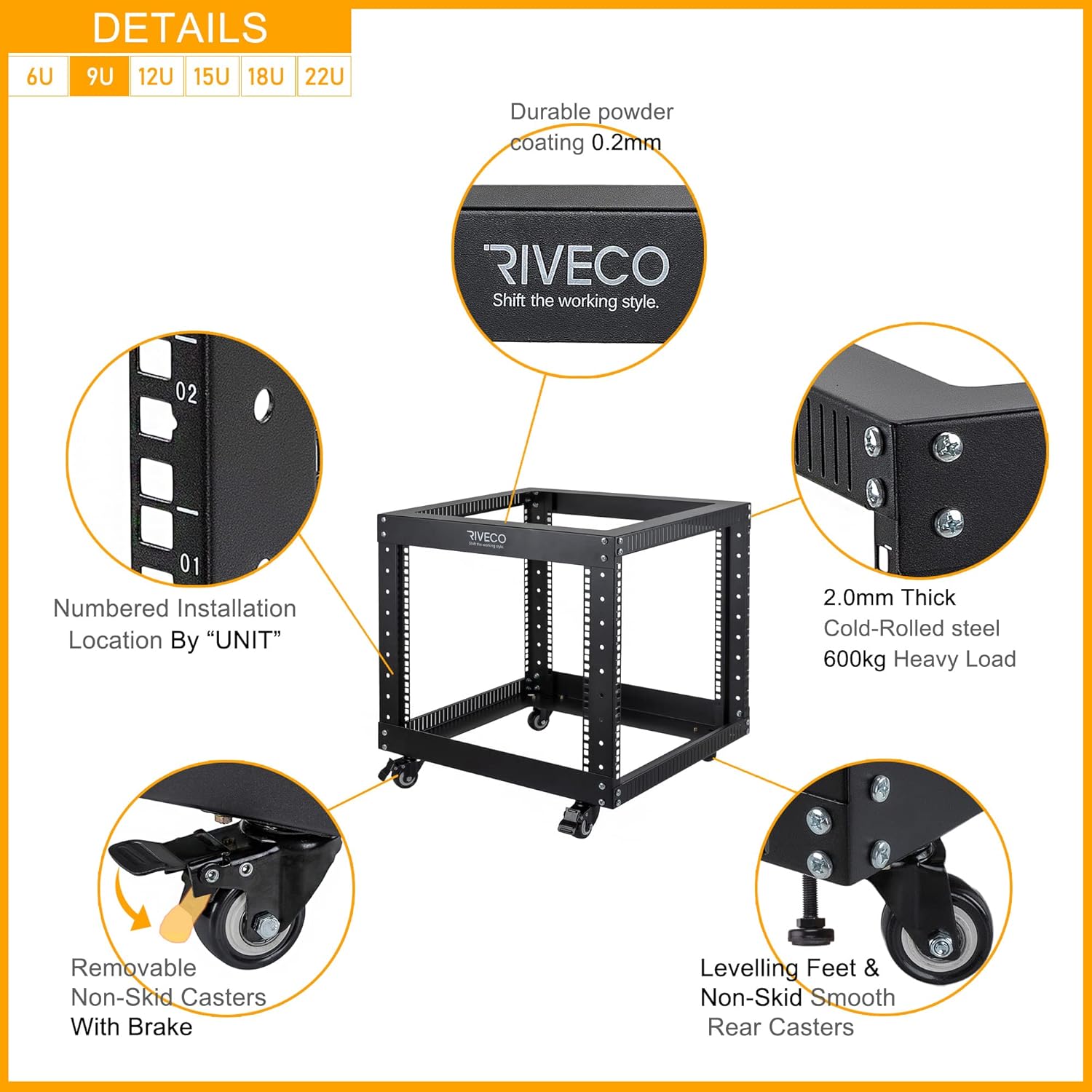 9U Open Frame Server Rack with Casters Black Q82983