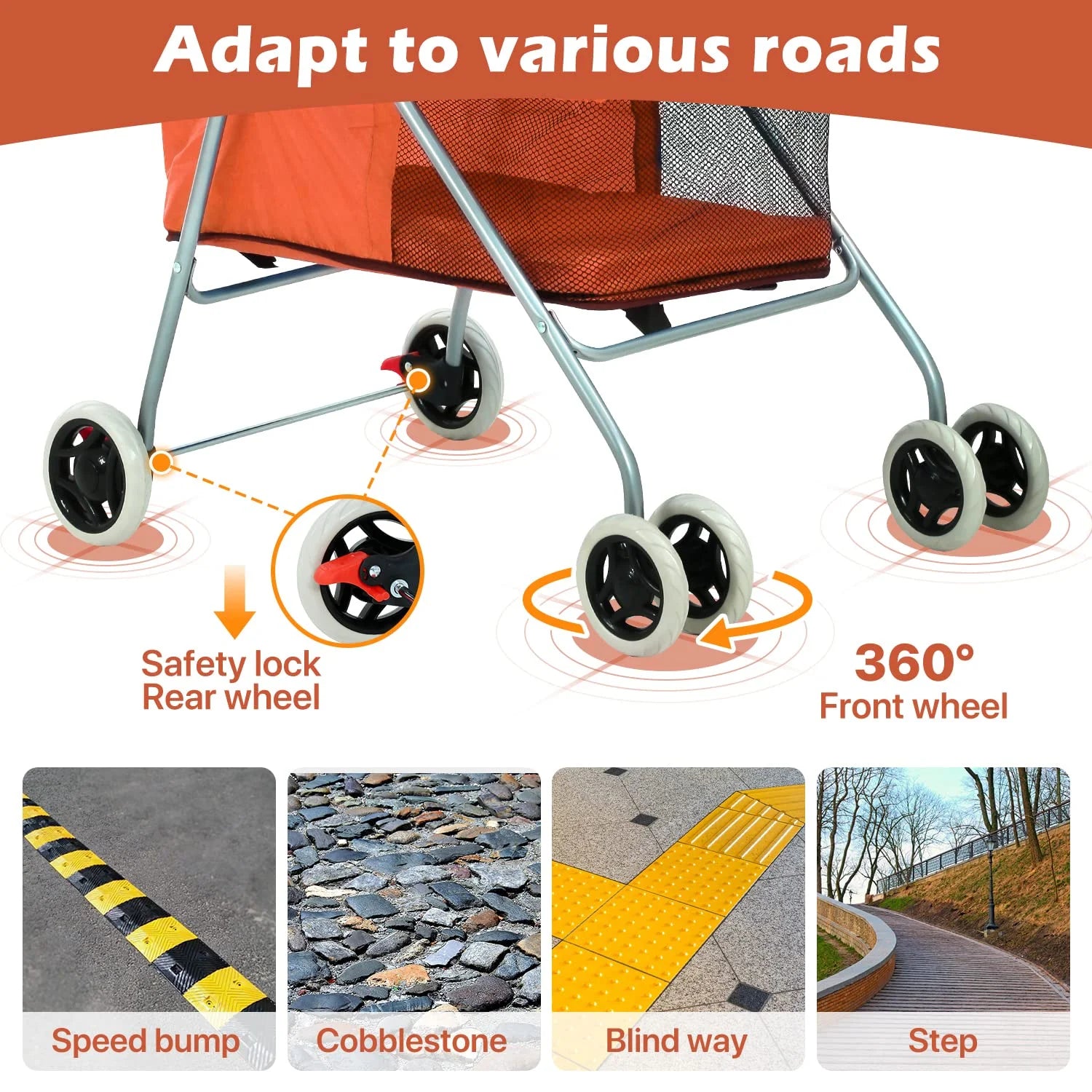 Orange Folding Dog Stroller with 4 Wheels B370