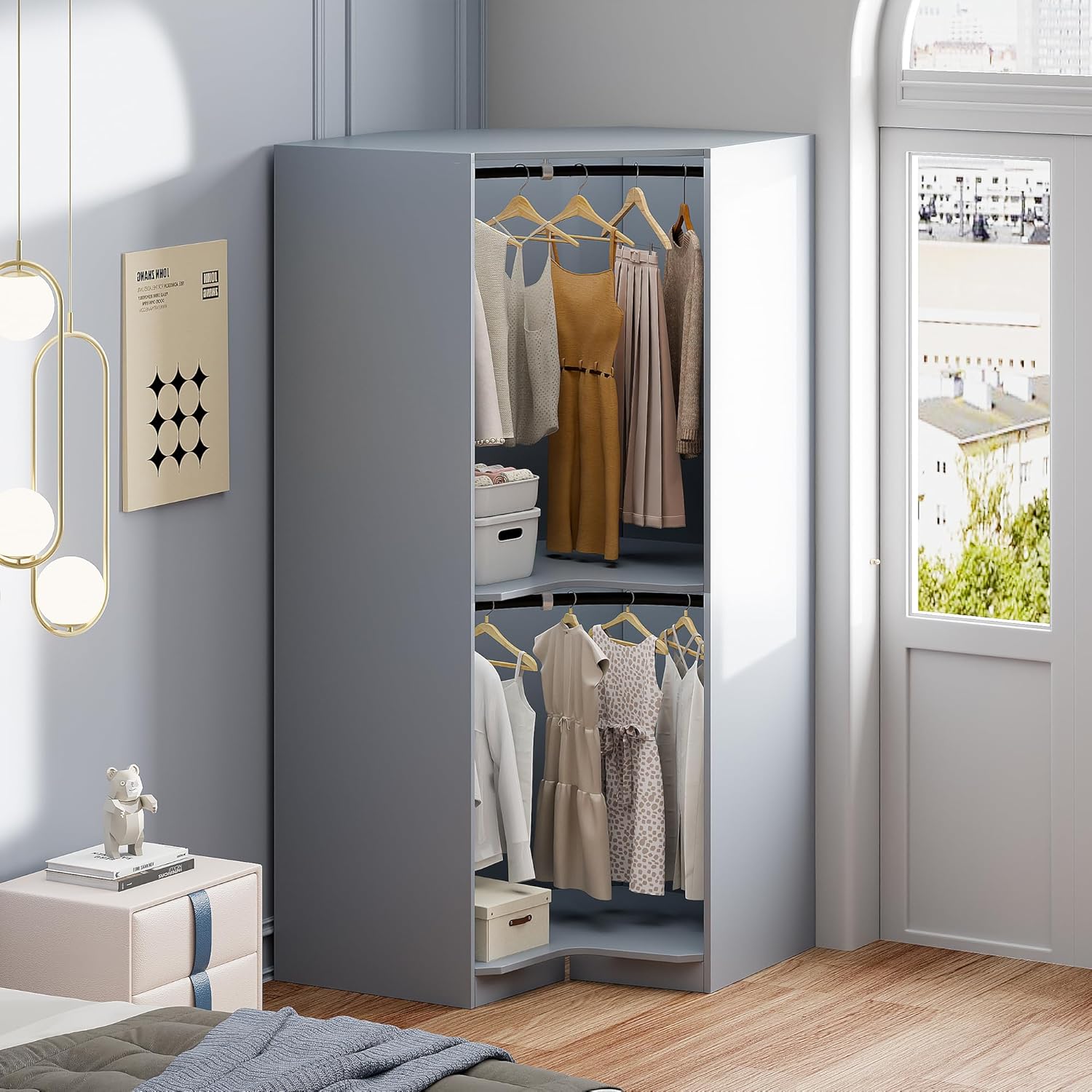 Wooden Corner Armoire Wardrobe with Hanging Rail L3049