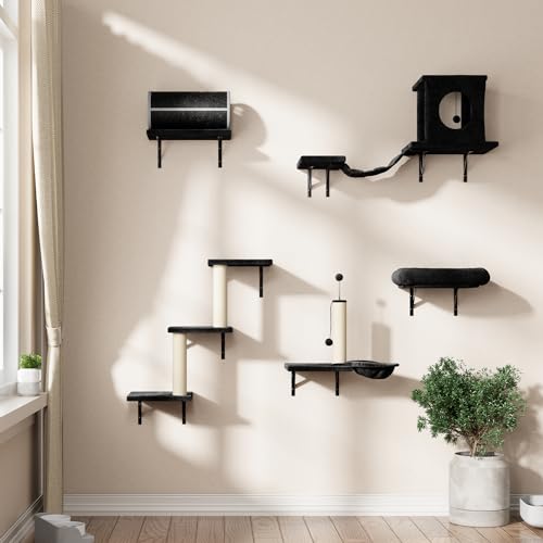 7-in-1 Wall Mounted Cat Climber Set with Cat House, Tunnel, Bridge, Tree, Steps, Scratcher Board and Hammock (Grey) S15306