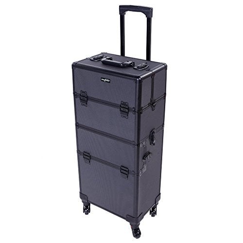 2 in 1 Rolling Makeup Train Case, Travel Makeup Organizer Cosmetic Display Case, Aluminum Cosmetology Supply Suitcase on Wheels, Beauty Storage Luggage Lockable w/4 Removable Wheels (Black) M599