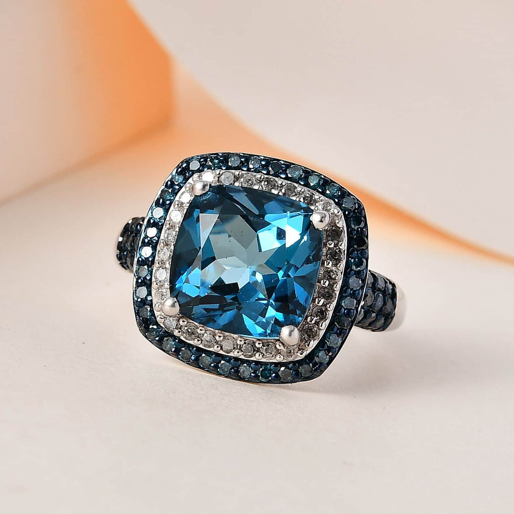 Blue Topaz Blue Diamond Cushion 925 Sterling Silver Platinum Plated Cocktail Ring Size 9 K746