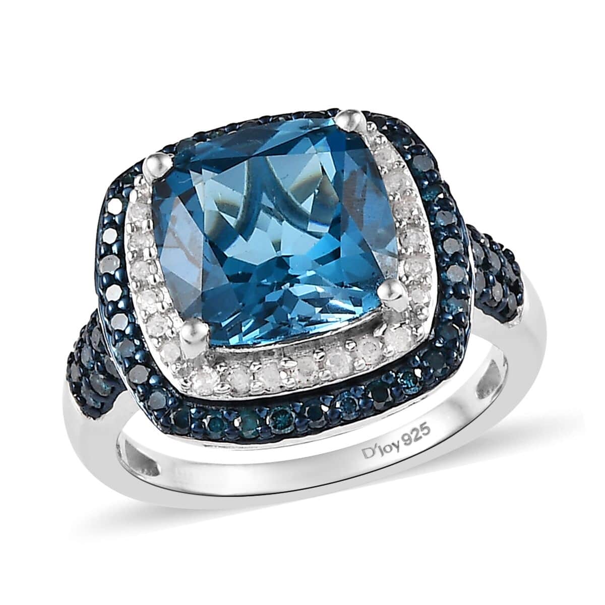 Blue Topaz Blue Diamond Cushion 925 Sterling Silver Platinum Plated Cocktail Ring Size 9 K746