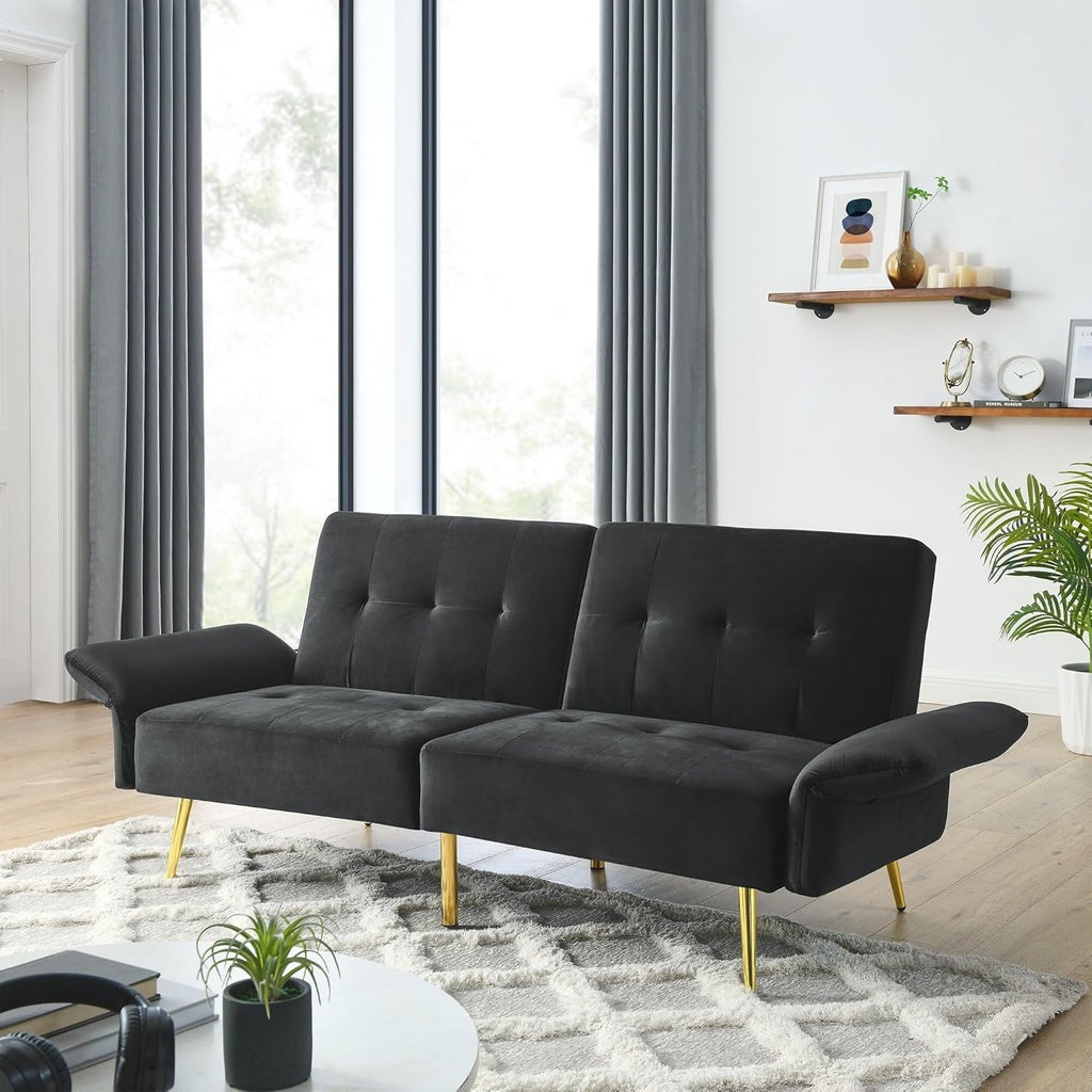Black Velvet Convertible Sleeper Loveseat Futon Couch Q824266