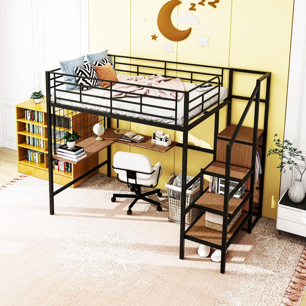 Black Full Size Loft Bed with Desk and Storage Stairs and Wardrobe F54504