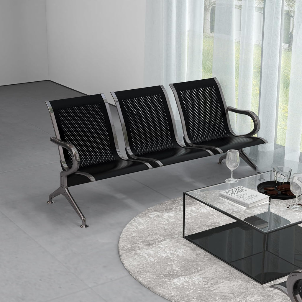 Black 3-Seat Waiting Room Bench with Arms D2718