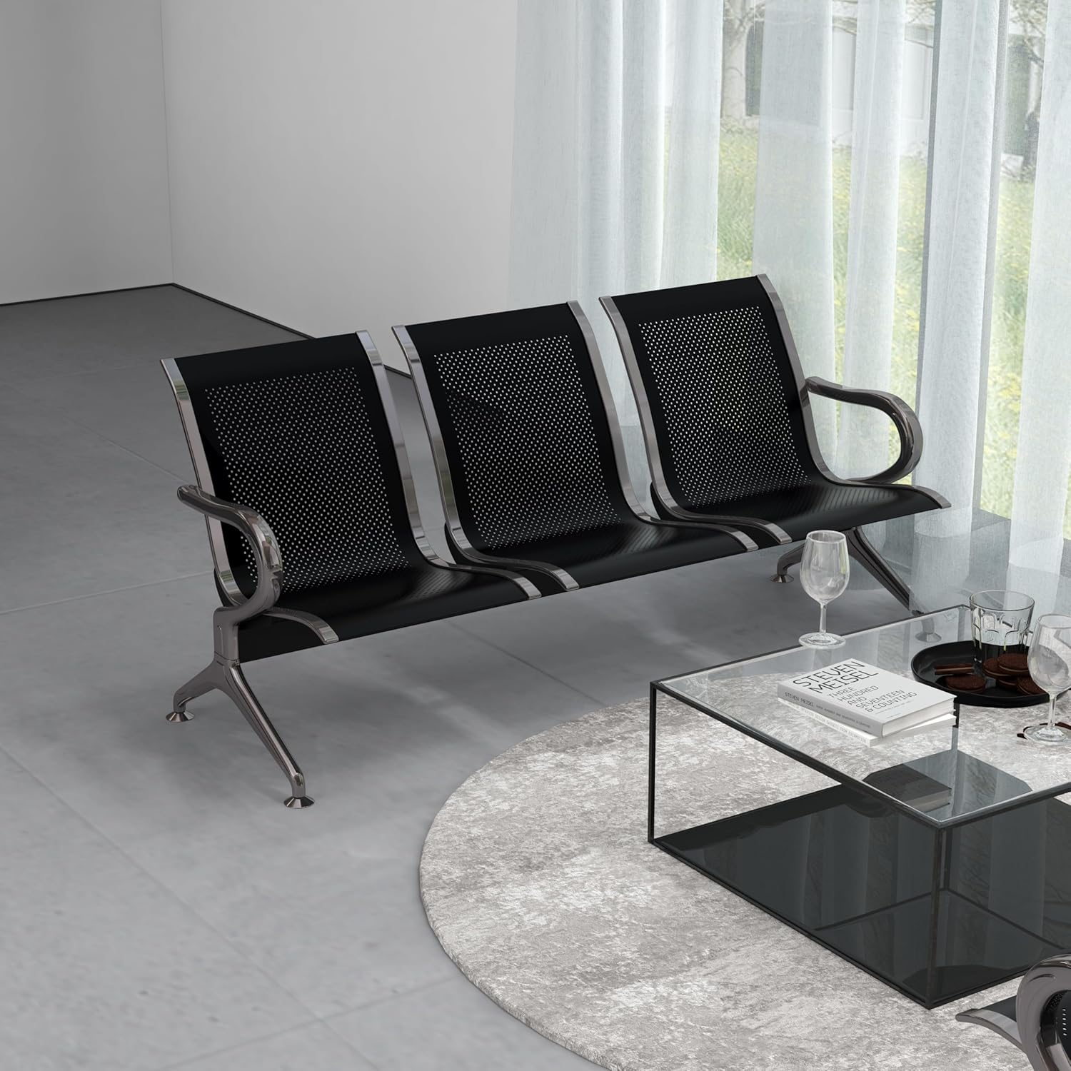Black 3-Seat Waiting Room Bench with Arms D2718