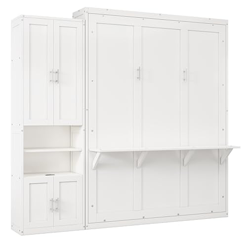 Queen Murphy Bed with 2 Side Cabinet Storage Shelf, Metal Frame, Brown D91055