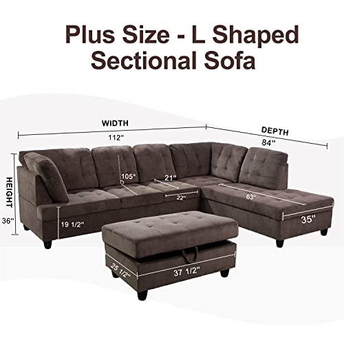 Brown Corduroy L Shaped Sectional Sofa Set with Ottoman M493708
