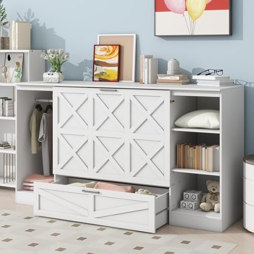 White Twin Size Murphy Bed with Storage Shelves and Wardrobe H51429
